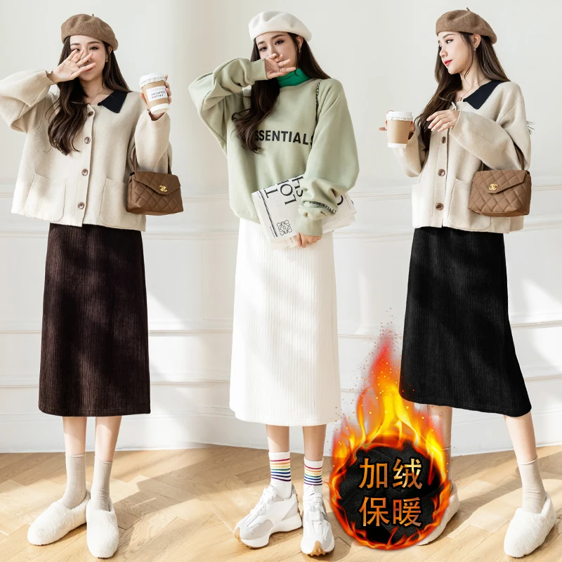 Real Shot Fleece-lined Thick Corduroy Chenille Skirt Women's Autumn and Winter New Casual High Waist Slit Hip Skirt