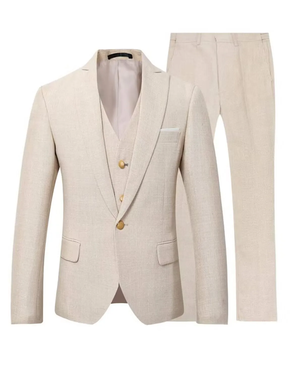 

High Quality 3 PCS Beige/Blue Linen Men Suits Single Breasted Slim Fit Blazer Vest Pants Elegant Summer Seabeach Wedding Suits