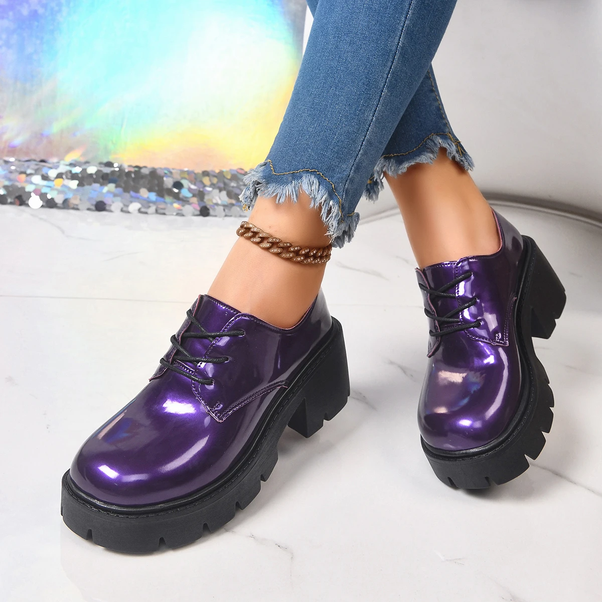 2026 New Autumn Thick-Soled Patent Leather Loafers for Women, Spring and Autumn British Style