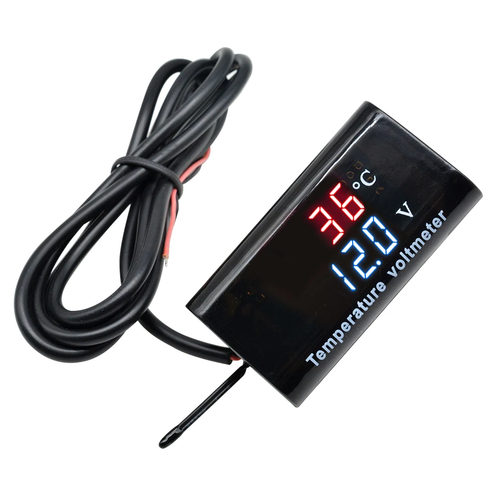 DC 12V 0.28 Inch LED Display Temperature Voltage Meter Tester Temp Monitor IPX6 Waterproof Digital Voltmeter for Car Motorcycle