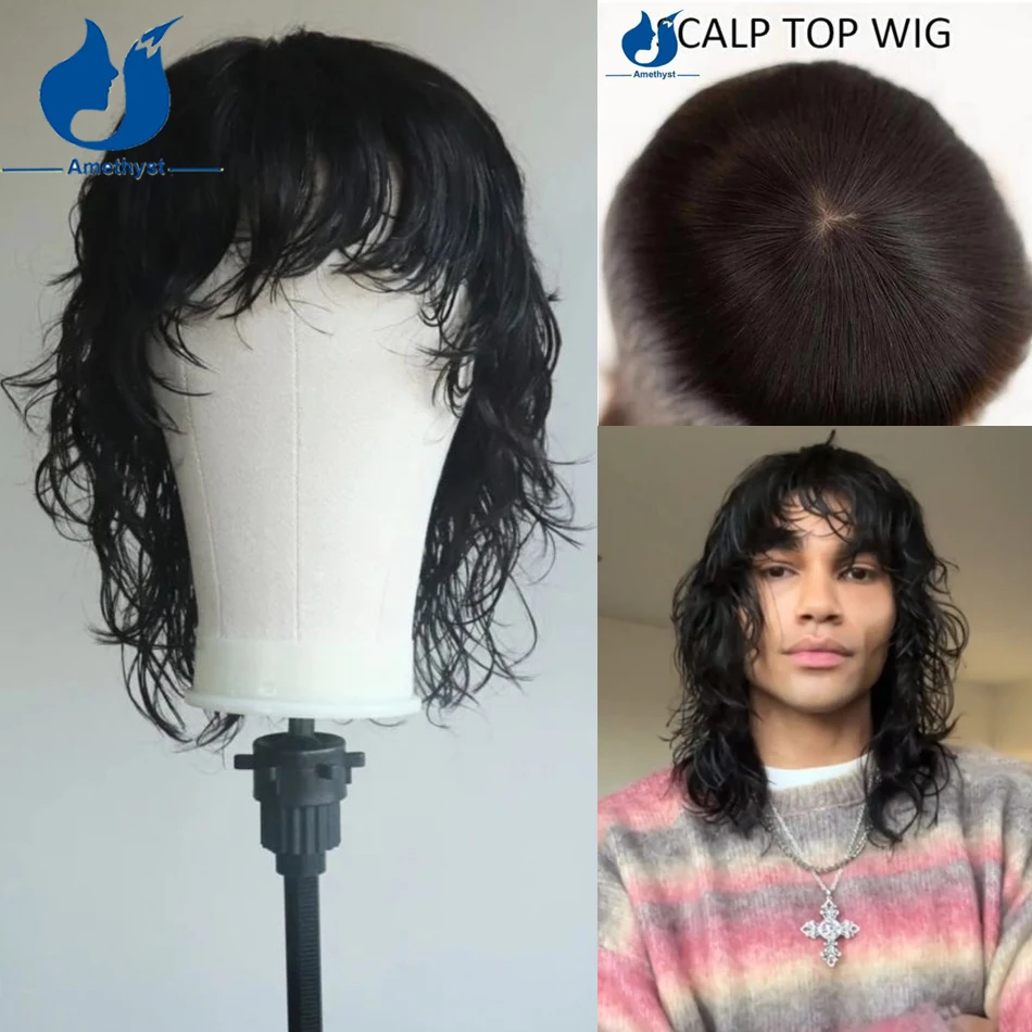 

Amethyst Loose Wave Wolf Cut Human Hair Wig with Bangs for Men Scalp Top Full Machine Made Mullet Wig Natural Black Remy Hair