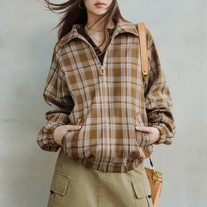 Maden Vintage Plaid Jacket dla kobiet Khaki Turn-down Collar Coat Wiosna i jesień Casual Loose Tops Damska kurtka rekreacyjna