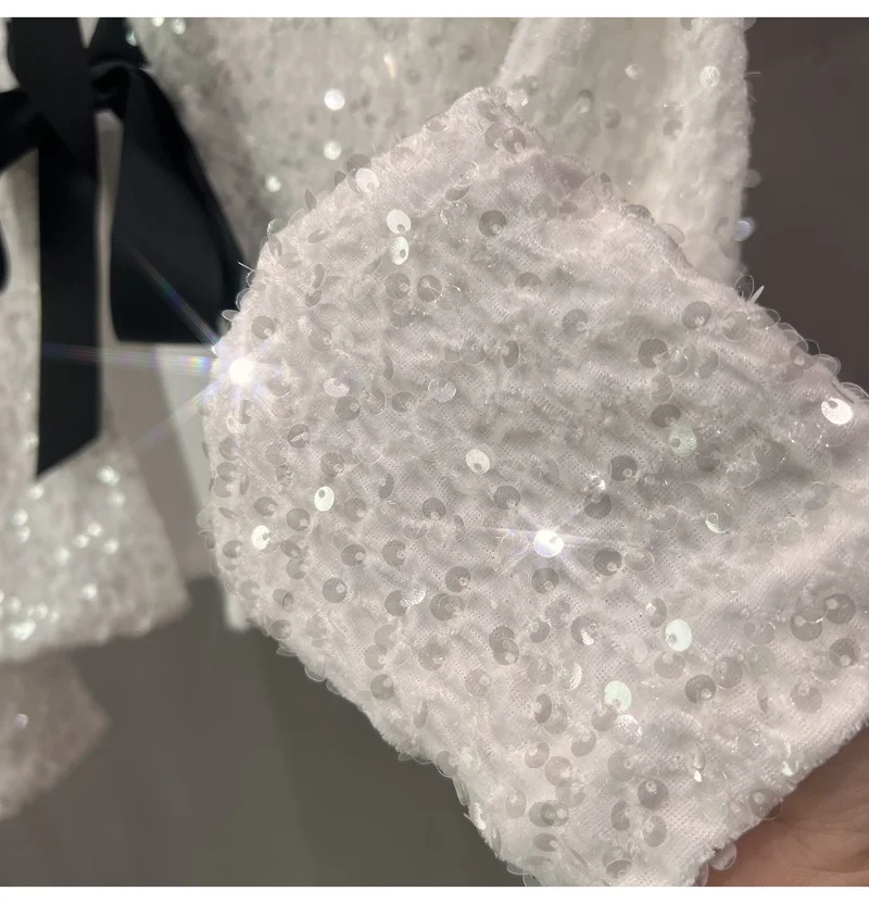 European and American Crew Neck Lace-up Short Sexy Nightclub Sequined Long-sleeved Jacket Winter Clothes Women