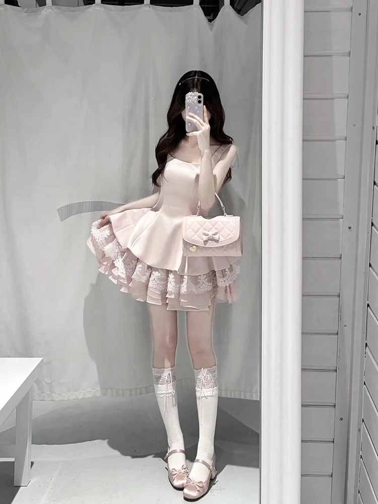 vestido-corto-sin-mangas-de-cintura-alta-para-mujer-estilo-princesa-dulce-con-encaje-rosa-lazo-y-diseno-abullonado