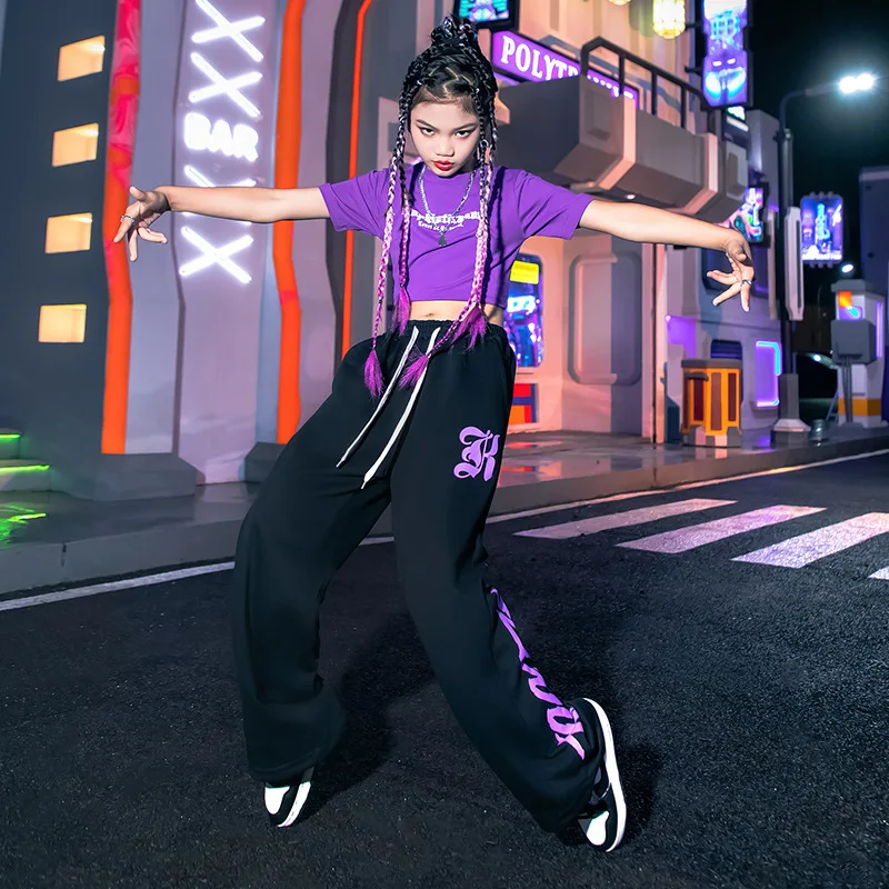 Kid Hip Hop Clothing Purple Letters Crop Top T Shirt Black Casual Street Sport Sweat Pants for Girls Jazz Dance Costume Clothes