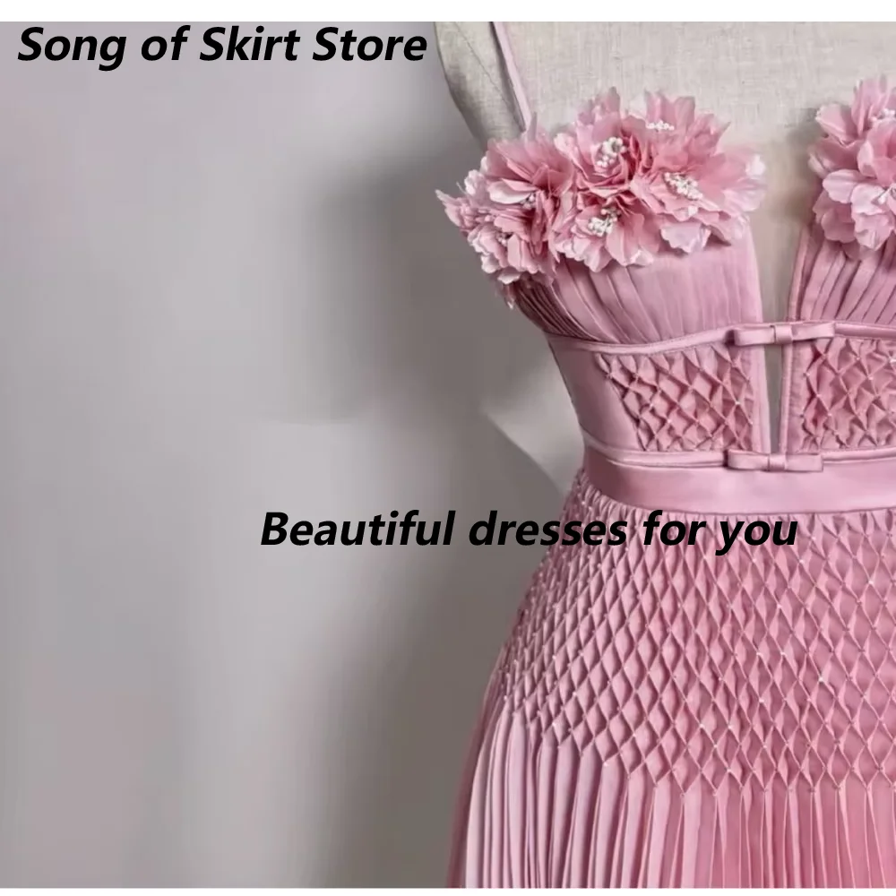 Pink Evening Dress Customized Chiffon 3D Flowers A-Line V-Neck Spaghetti Straps Modern Party Gowns Zipper Back Party Gown image 4