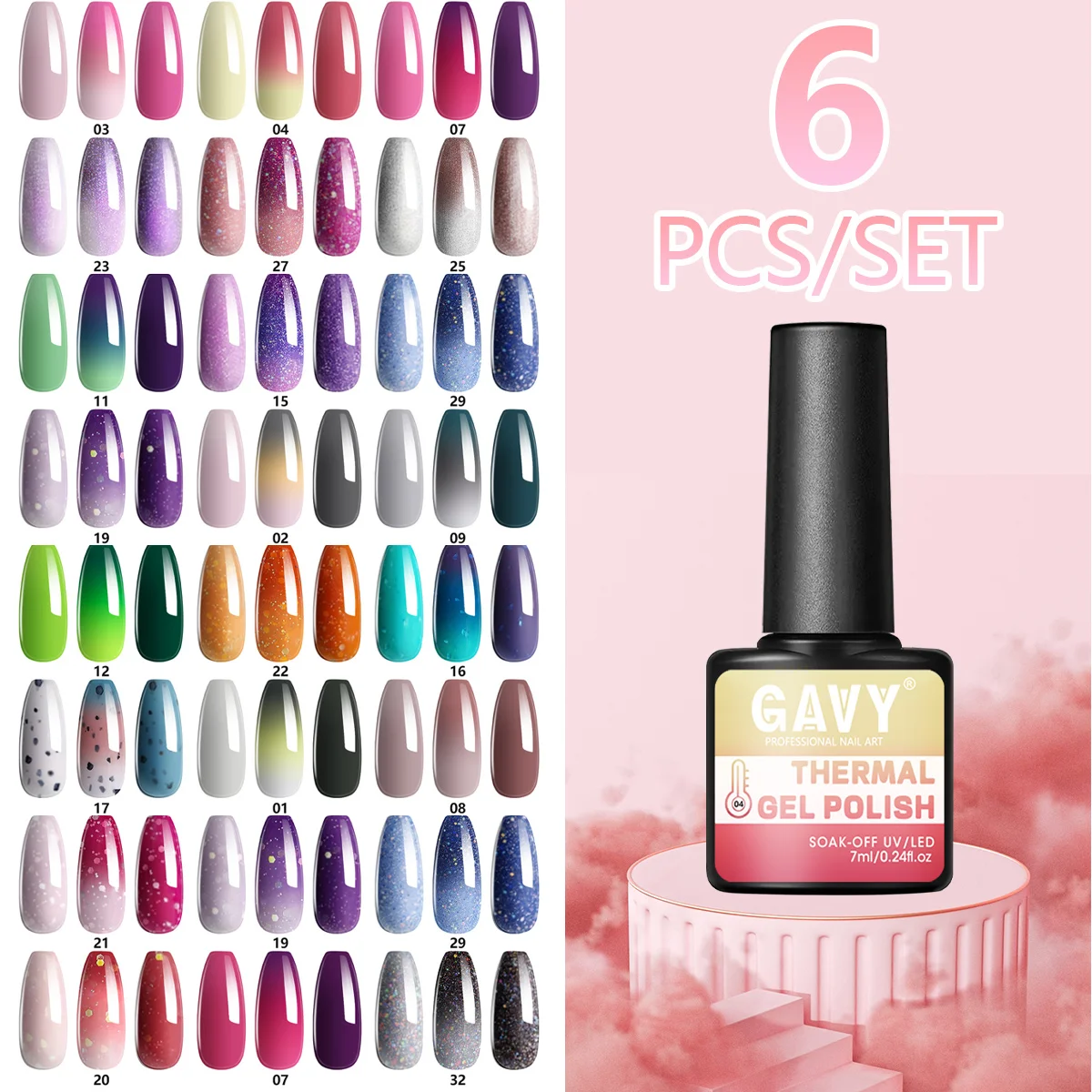 6Pcs Thermal Temperature Color Changing Gel Nail Polish Set Gradient Pastel Bright Candy Tones Soak Off UV LED Long Lasting