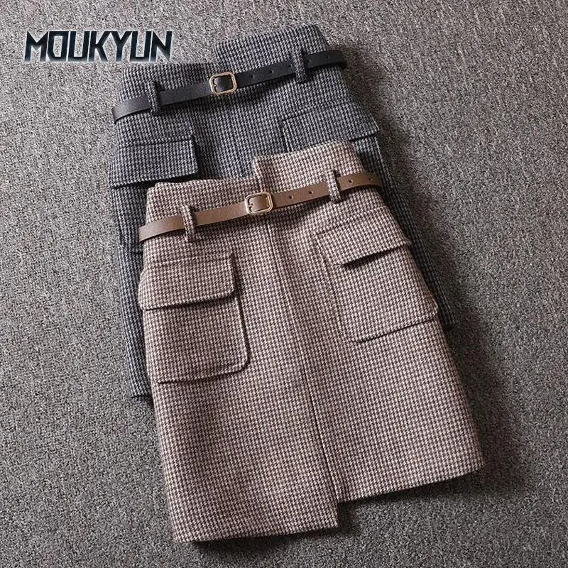 

Women Striped Plaid Skirt With Belt 2Color S-XXL Pocket Ladies Short Skirts