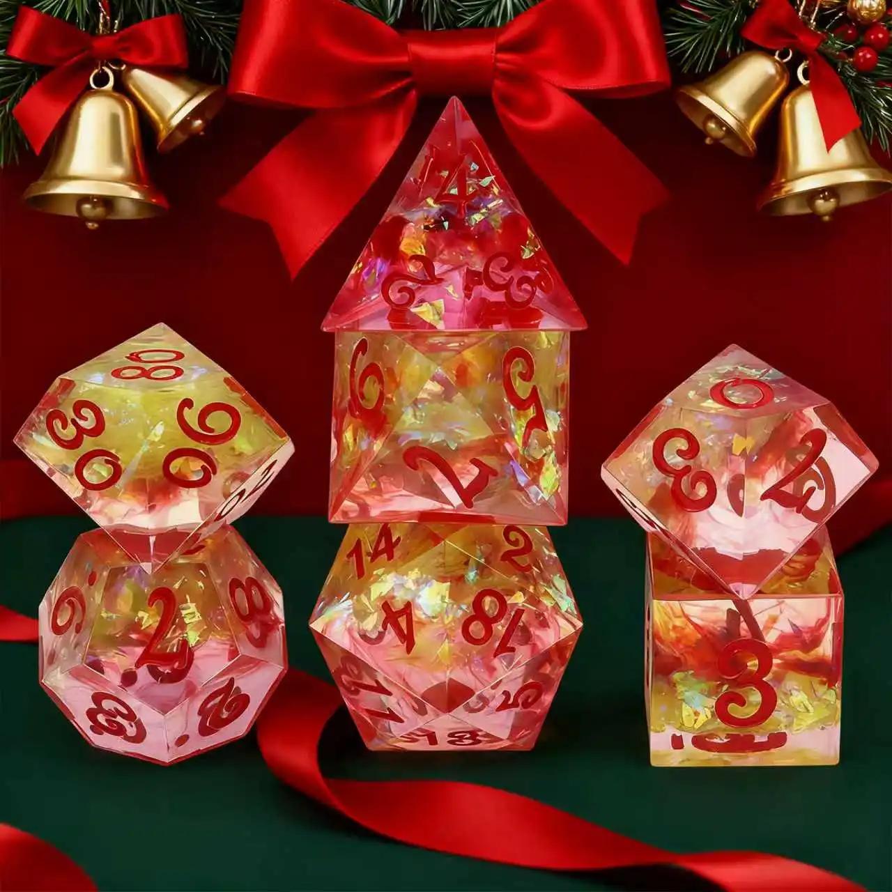مجموعة مكونة من 7 قطع من نرد متعدد السطوح ذو زوايا حادة مع ترصيع ورق لامع هدية مثالية لألعاب الطاولة العائلية، علبة ألومنيوم متضمنة