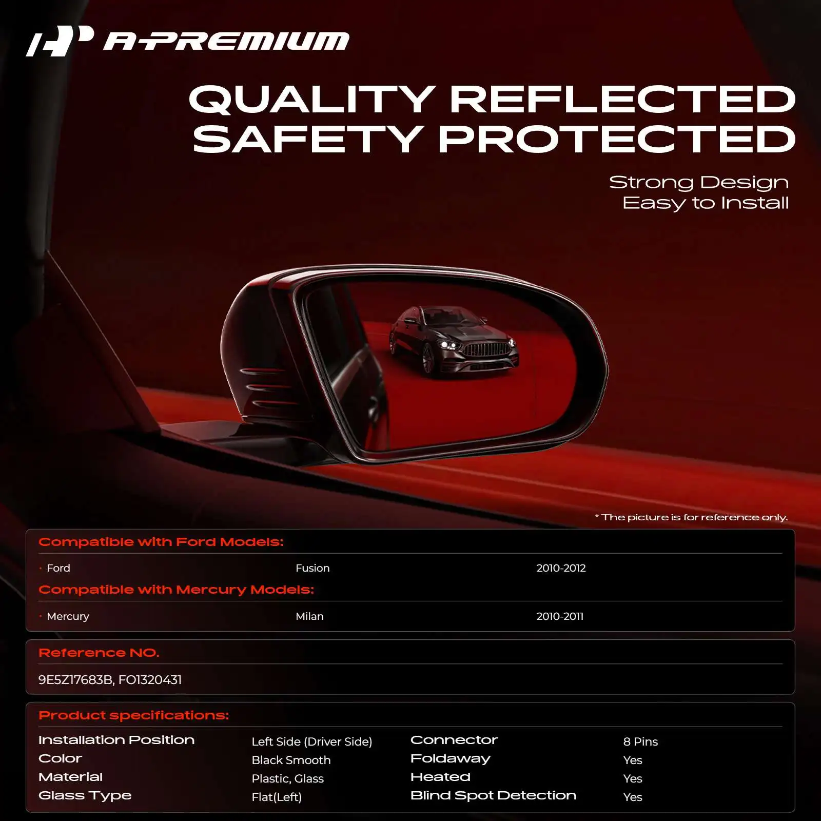 A-Premium Driver Side Power Door Mirror for Ford Fusion 2010-2012 Manual Folding Blind Spot Detection Heated Puddle Light