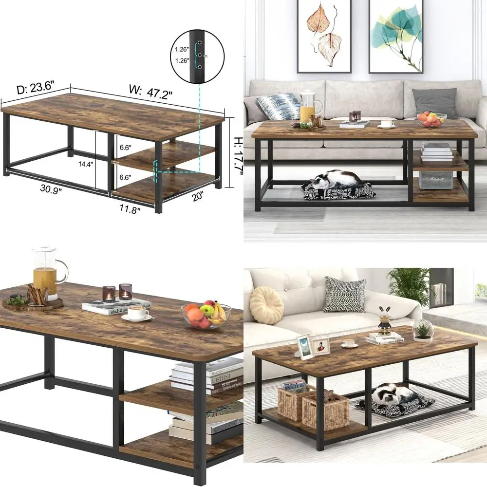 

Industrial Style 47 Rustic Wood and Metal Coffee Table with Storage Shelf for Living Room