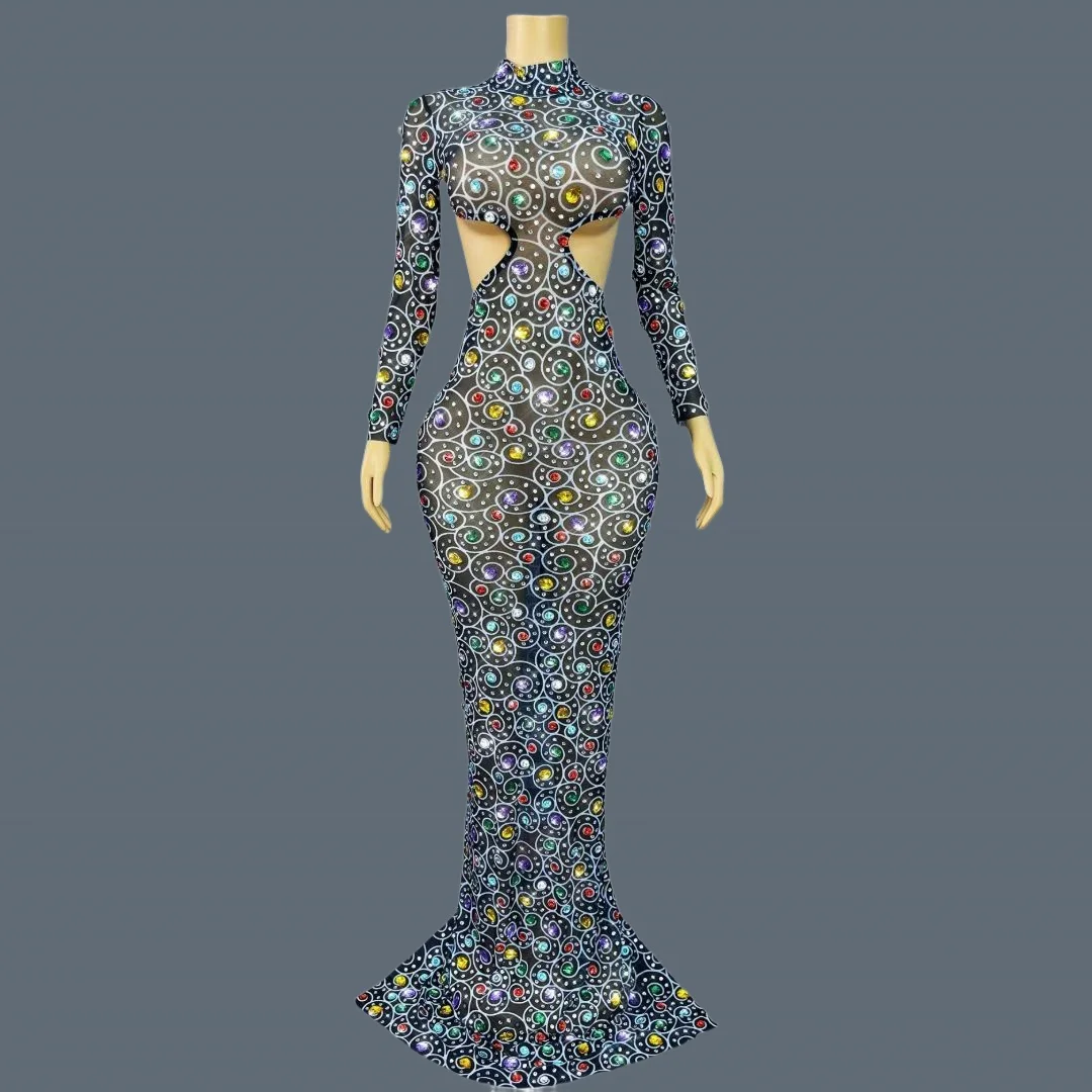 

Luxury Colorful Crystals Evening Gown Elegant Glamorous Women Gala Prom Red Carpet Low Back Sheer Mesh Long Dress Manhanquanxi
