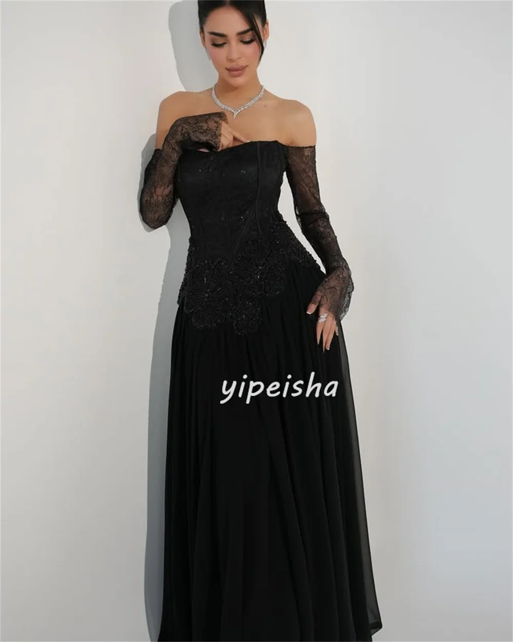 Abiti lunghi dritti con spalle scoperte in pizzo con perline in chiffon di moda stile moderno personalizzato Abiti da occasione su misura abbinati