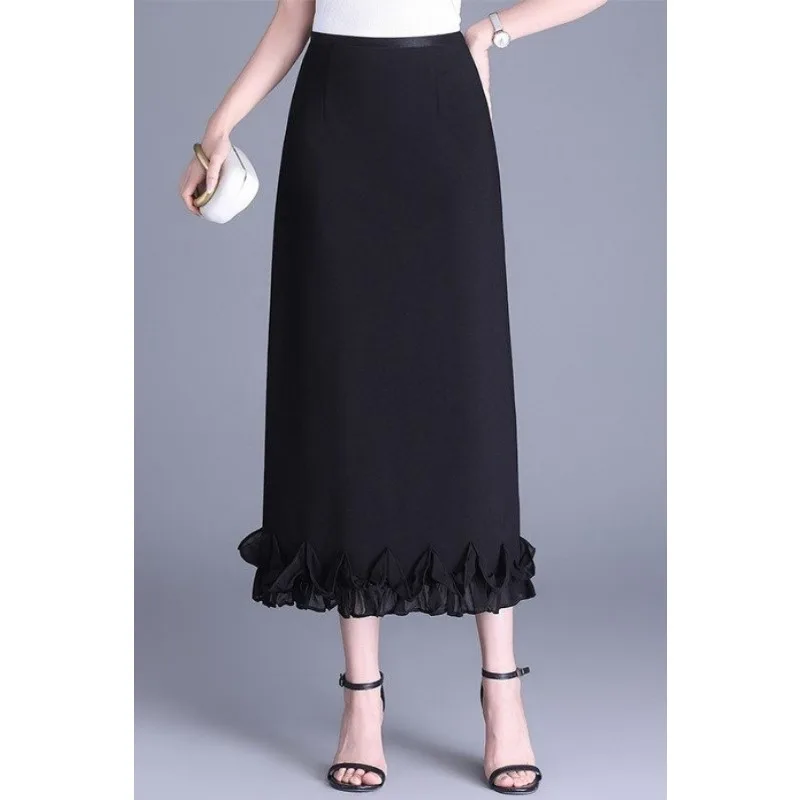 Women Autumn Winter High Waist Straight Midi Skirt Ruffle Hem Slim Fit Bodycon Office Casual Dress