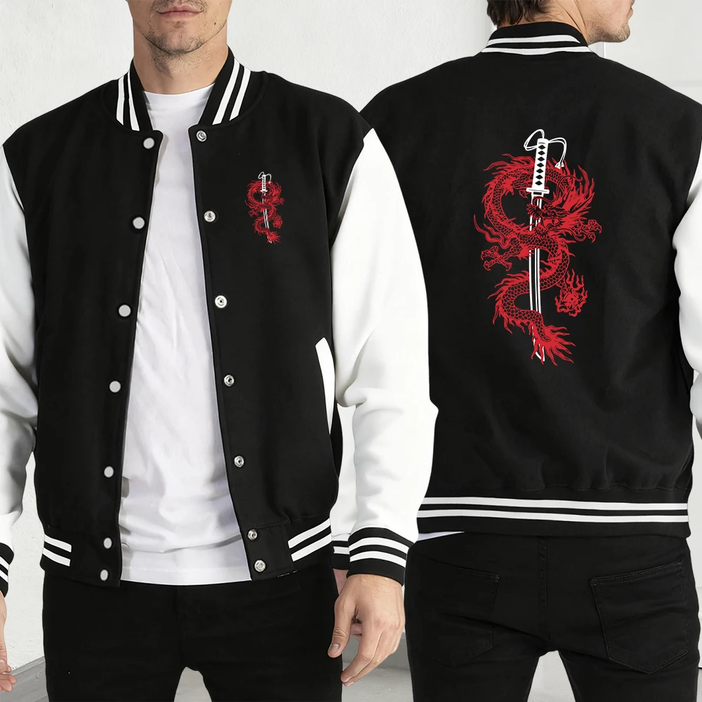 

The Dragon Wrapped Around The Knife Print Baseball Jersey Men Autumn Loose Clothes Casual Fashion Hip Hop Streetwear Jacket