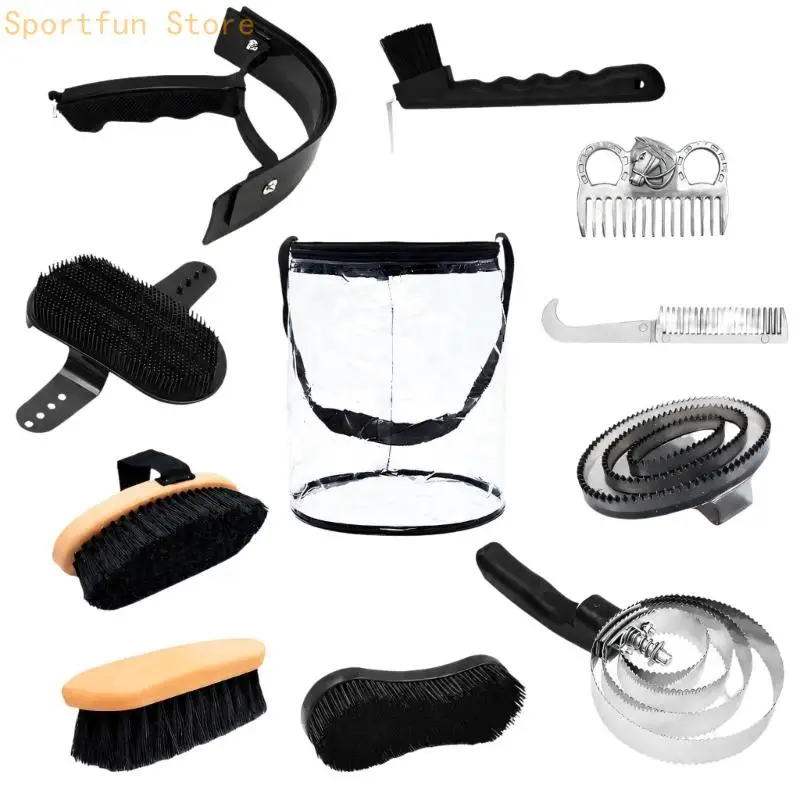 Horse Grooming Set for Coat, Tail, Foot, and Post-Wash Care with Brushes, Metal Grooming Tools, Scraper, and Carry Bag X7JD