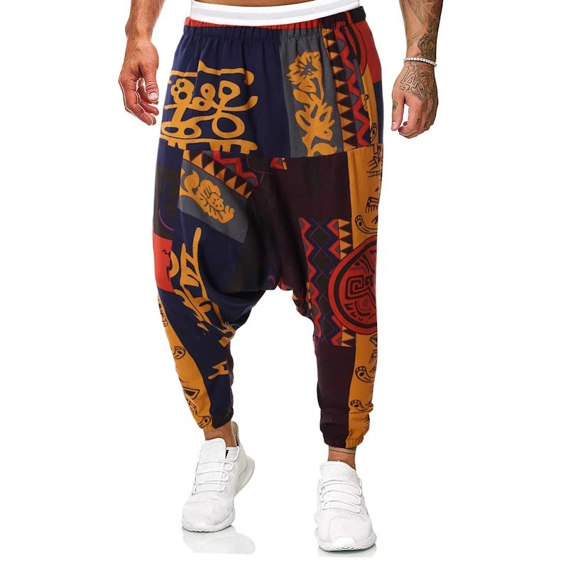 2024 New Summer Men's Low Crotch Casual Pants Men's Fashion Loose Printed Pants Large Size  Nine-point  Holiday Beach Pants