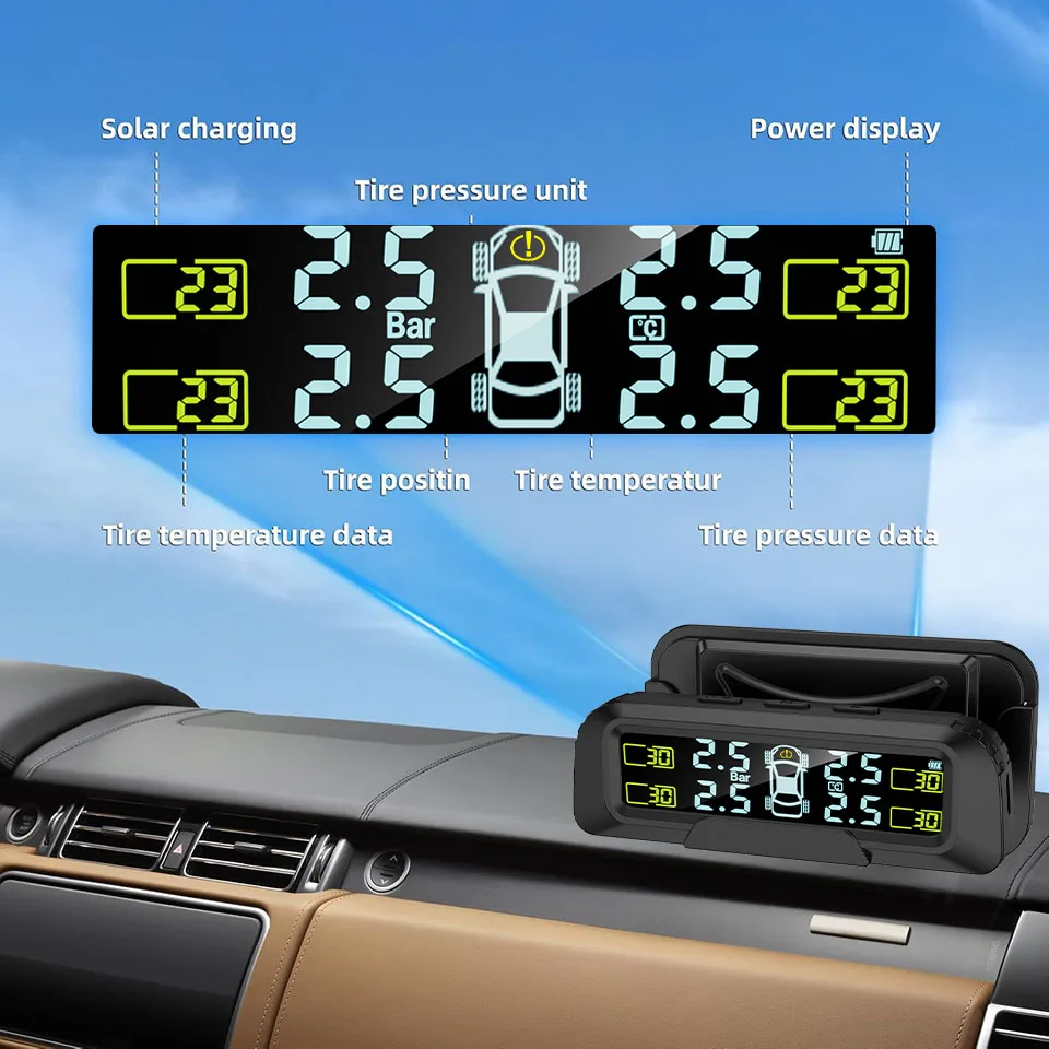 TPMS Wireless Solar Tire Pressure Monitoring System with 4 Sensors Real-Time Display for Car RV SUV MPV Sedan