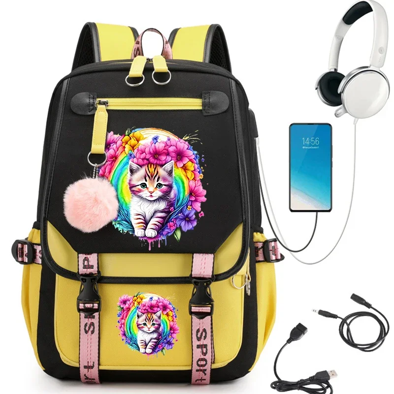 Kawaii Watercolor Cute Floral Cat Print Girls School Backpack Bag for Student Teens Bookbag Laptop Teenager Backpack Usb Mochila