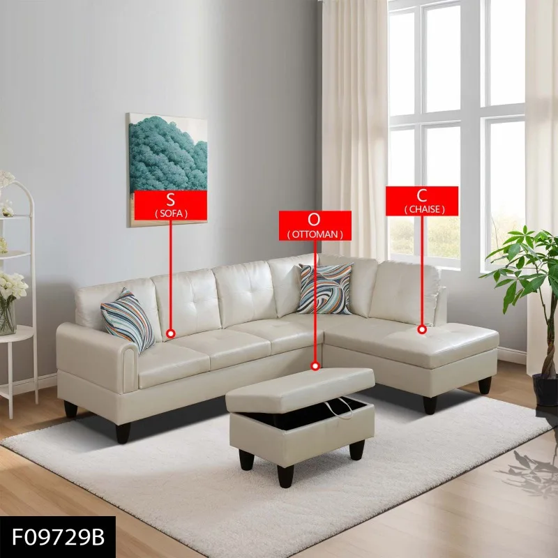 أرائك جلدية صناعية بيضاء لؤلؤية مكونة من 3 قطع مع مساحة تخزين من الجلد العثماني المسامي بطبقة مزدوجة أرائك أنيقة لغرفة المعيشة