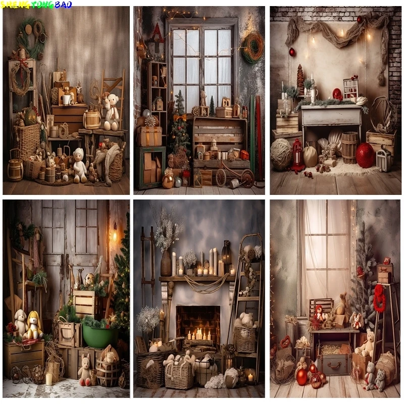 

Vintage Christmas Day Photography Backdrops Prop Fireplace Winter Xmas Tree Decoration Flower Garland Wood Door Background JL-05