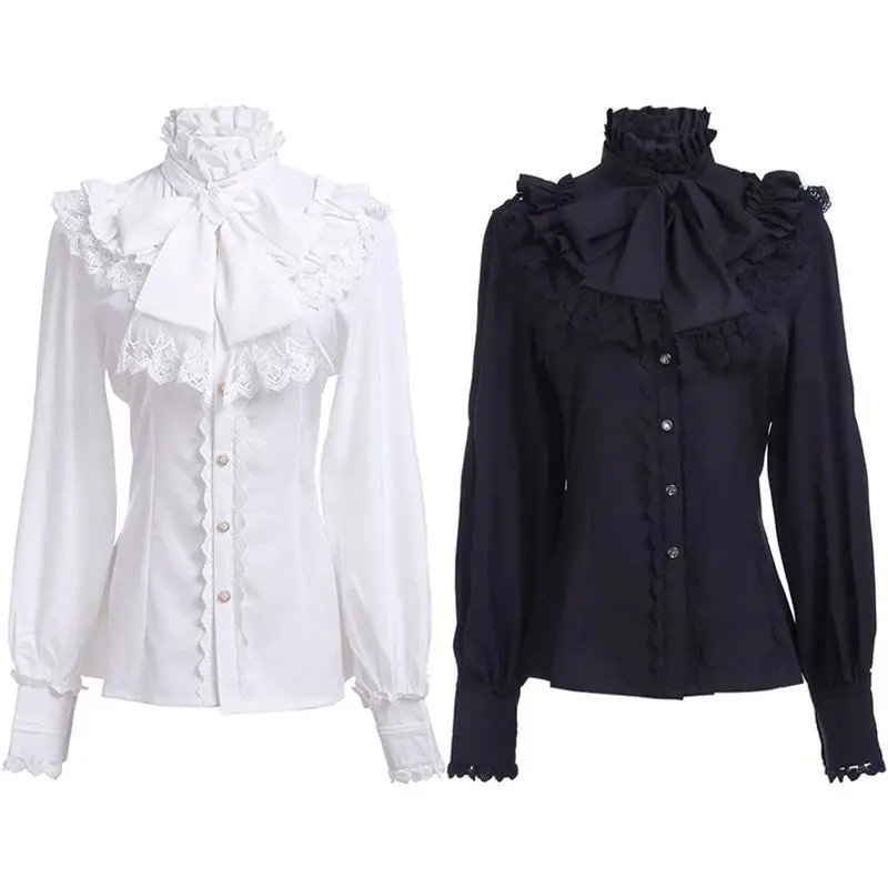 2026 Summer Women's Lolita Blouse Shirt  High Neck Ruffle Lace Bow Tie Lantern Sleeve Elegant Party Top Clothing view 2