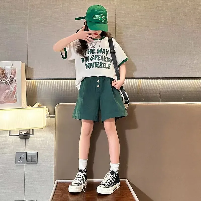 Children Clothing Free Shipping Items Summer Color Block Sports Suit Letter T-shirt + Quarter Pants Korean Style Two-piece Set