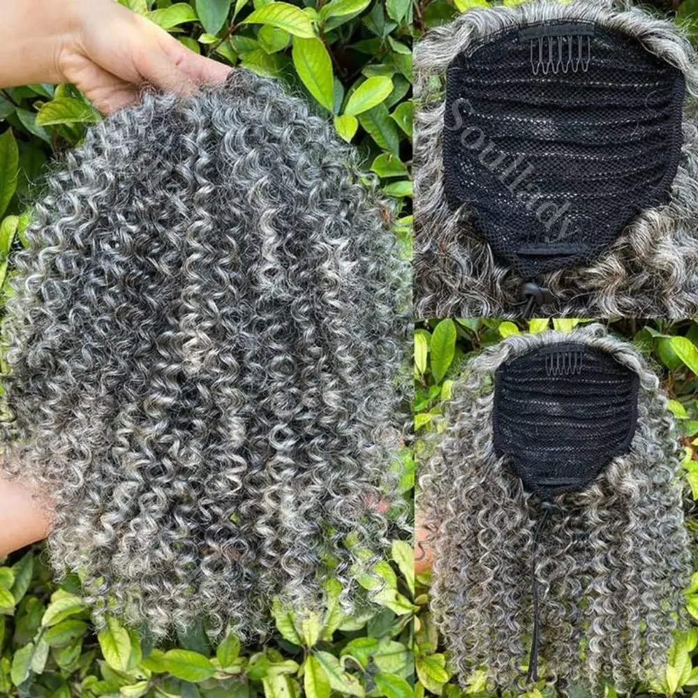 

Wig Queen Salt And Pepper High Ponytail Jerry Curly Human Hair Drawstring Ponytail Hair Extensions Silver Gray Color Brazilian