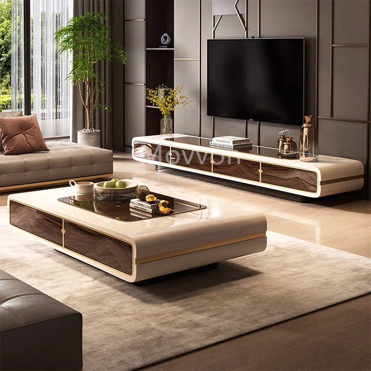 Modern Simple Marble TV Cabinet Coffee Table Combination Solid Wood for Dining Bedroom Entry School with Metal Glass Accents