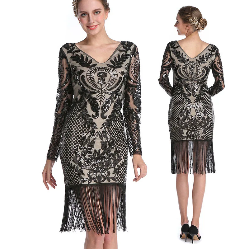 

1920s Vintage Tassel Dress Long Sleeved Sequin Beaded Dress Great Gatsby Toasting Party Dance Dress Bodycon Dress Vestido