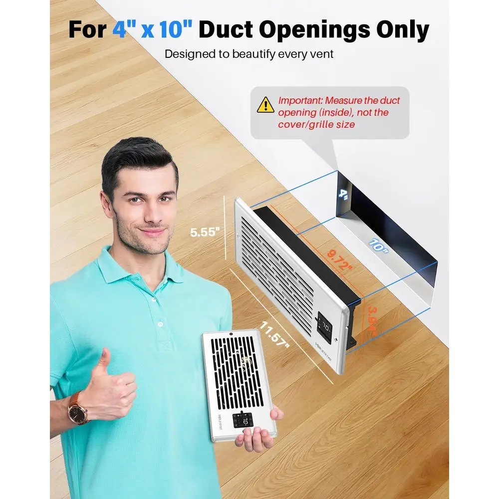 Register Booster Fan for 4 x 10 Floor Vent Duct Openings, 150 CFM Airflow, 17 dB Quiet, 3s Thermostat Sensor, 10-Speed AC Vent B