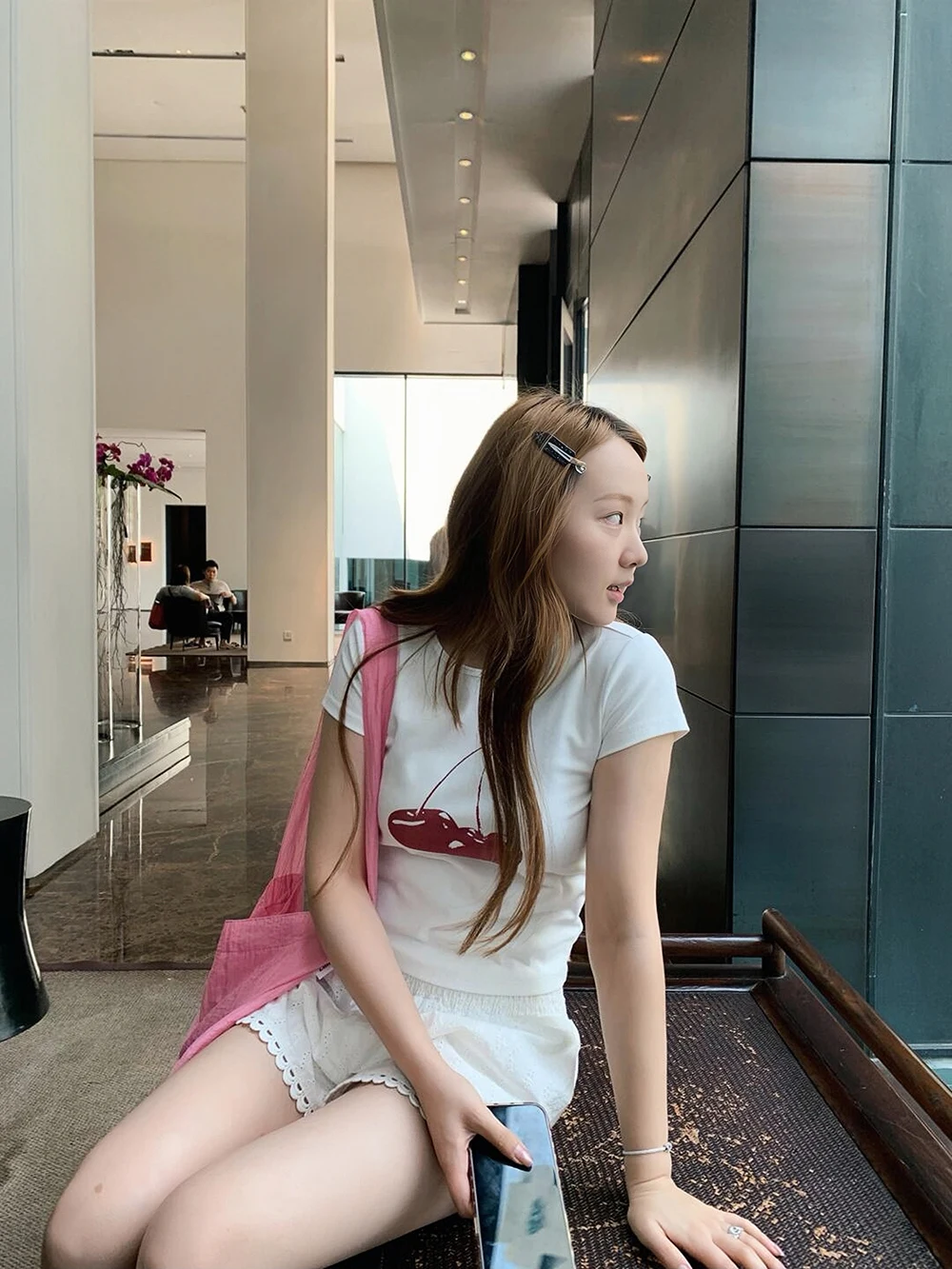 Sakura Plum Girl Cute Cherry Print Short Sleeve T-Shirt Summer Slim Fit round Neck Short Length Women's Fashion Cotton Blend Top