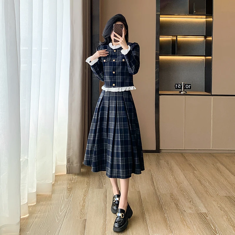 New Luxury Autumn Plaid Two Piece Set Designer Women Ruffles Single Breasted Short Tops + High Waist A Line Pleated Skirts Suits