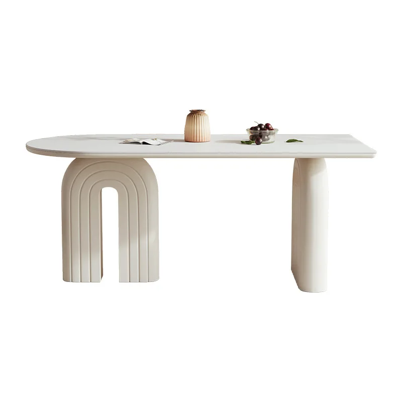 

French cream style, rock slab dining table and chair combination, modern simplicity, household