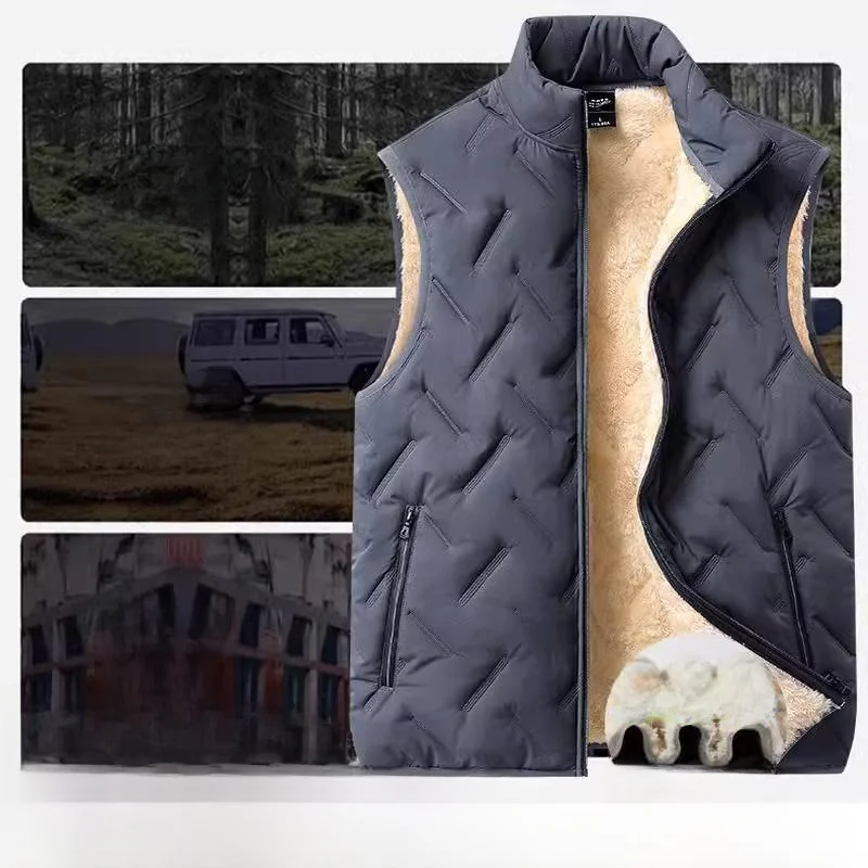 Thiened Fce Lined Lamb Velvet Warm Casual Vest Men's Autumn Winter Outerwear Faion Urban Sle Zipper Closure  Color