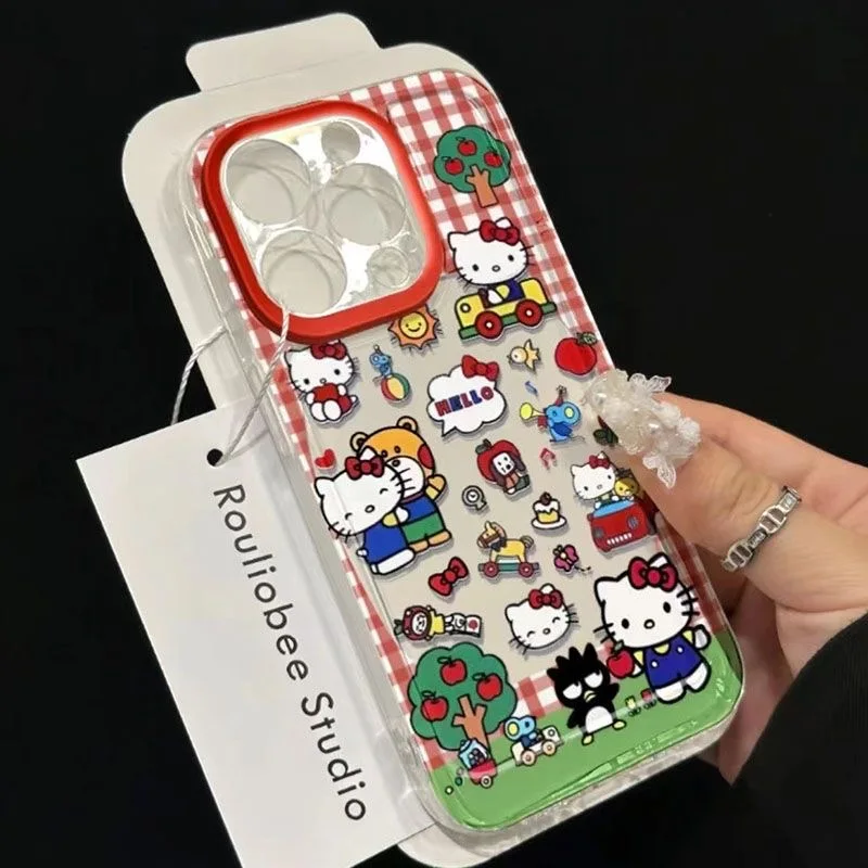 Cartoon Red Checkered Hello Kitty Cute Clear Space Phone Case For Samsung S10 S20 S21 S22 S23 S24 S25 Fe Ultra A35 A20 Note10