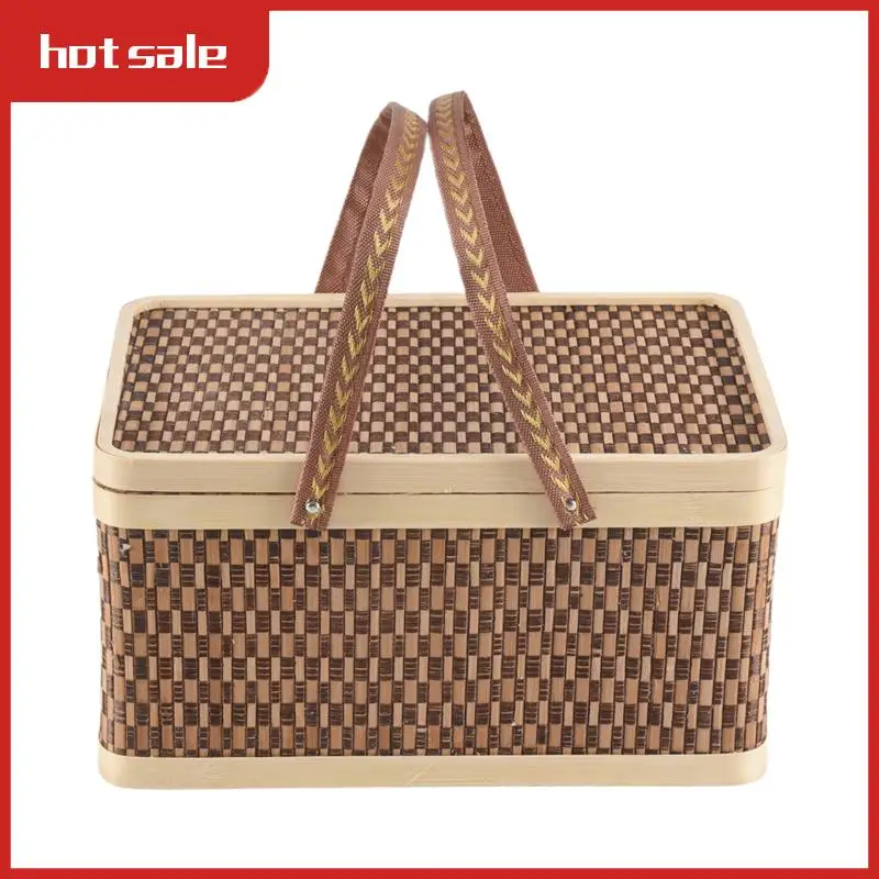 

BEAU-1 шт. новая бамбуковая корзина бамбуковая корзина для пикника темно-коричневая с крышкой ручная корзина для хранения закусок и хлеба