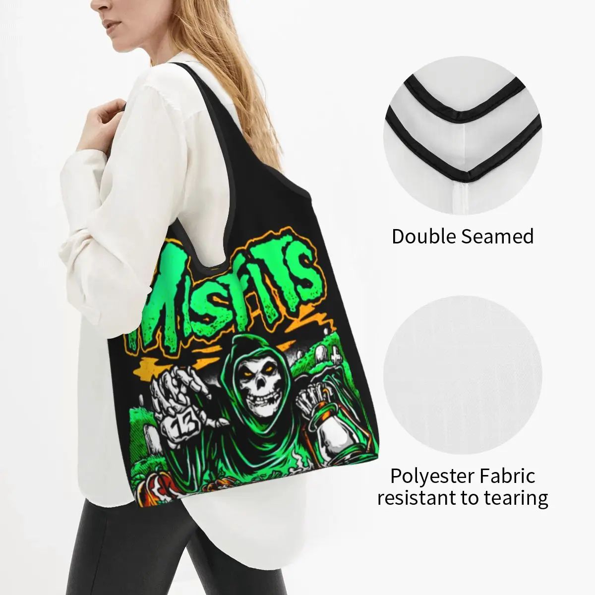 Misfits-Bolso de mano de Metal pesado para compras, bolsa de mano personalizada con diseño de banda de Rock, Cara de Calavera, Shopper, capacidad portátil