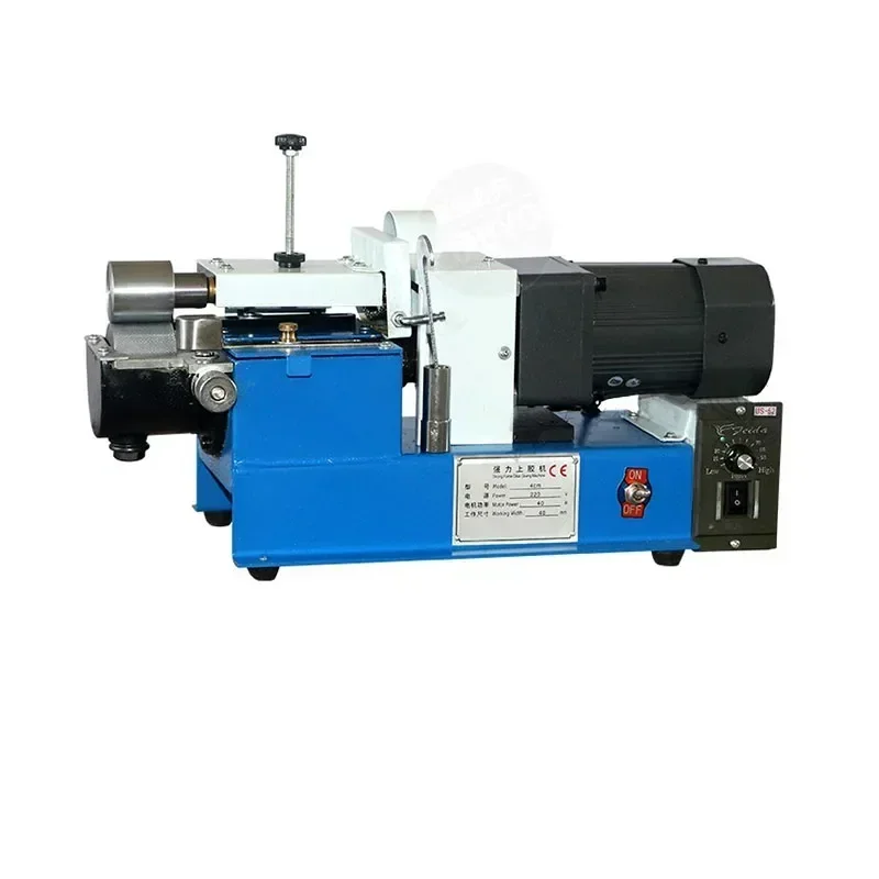 Single-sided heavy-duty gluing machine for yellow rubber shoe uppers, featuring adjustable speed and a 4cm/8cm coating width.
