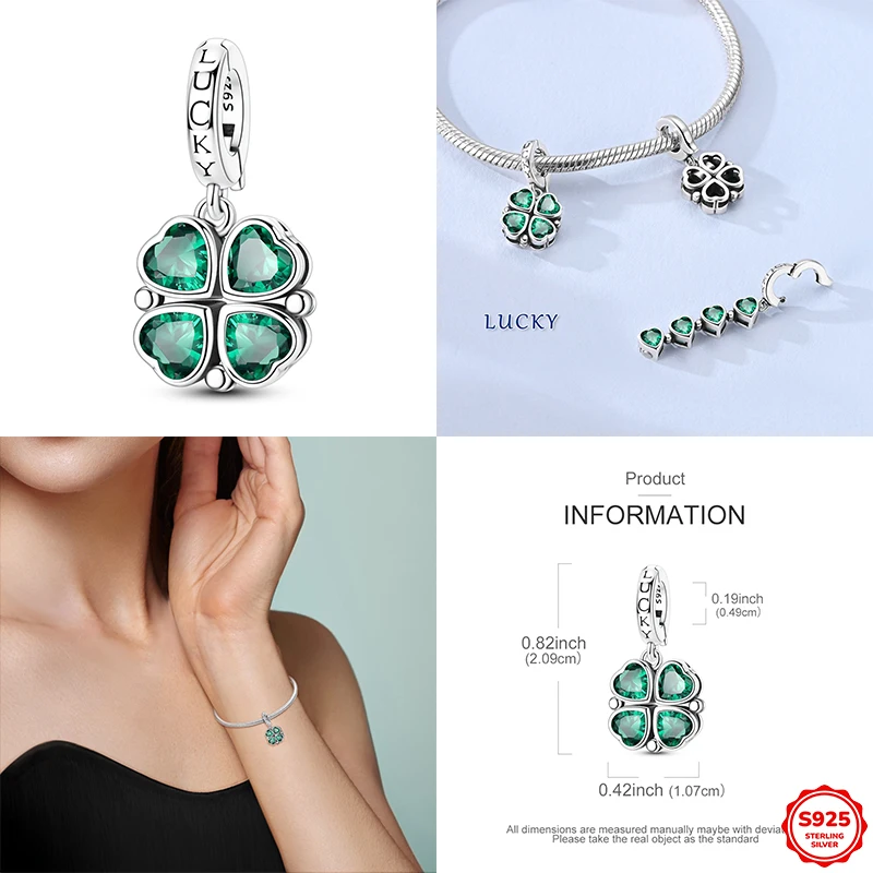 

Классический шарм из стерлингового серебра 925 пробы с зеленым бусиной в виде четырехлистного клевера, совместимый с оригинальными браслетами 3 мм, для самостоятельного изготовления украшений