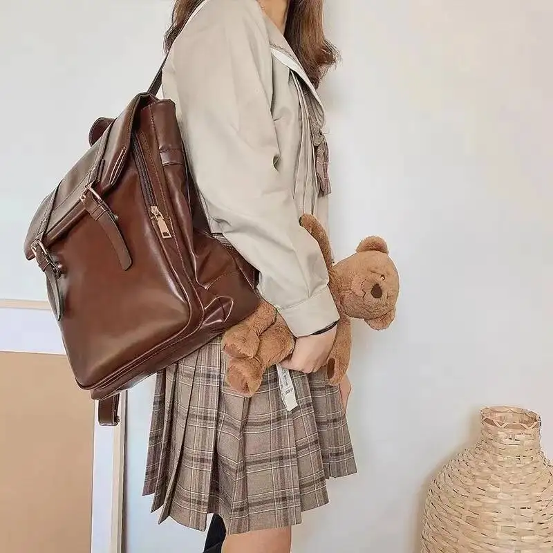 Bloom Vintage Brown Jk Backpacks Women High Street Preppy Style Pu Leather Mini Backpack Ladies Haruku Casual School Bag New