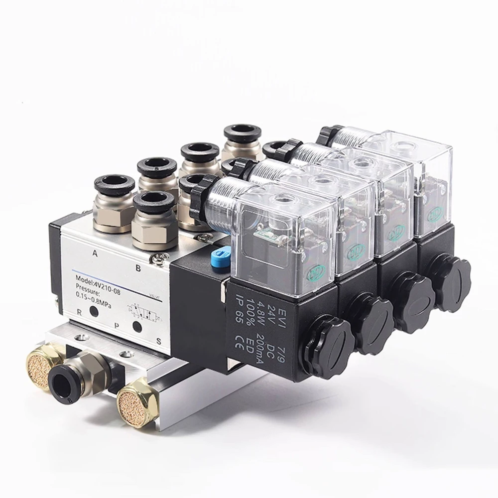 4V210-08 Pneumatic Electric Solenoid Valve AC110V/220V DC12V/24V Coil Volt Block With Muffler Fitting Base Manifold