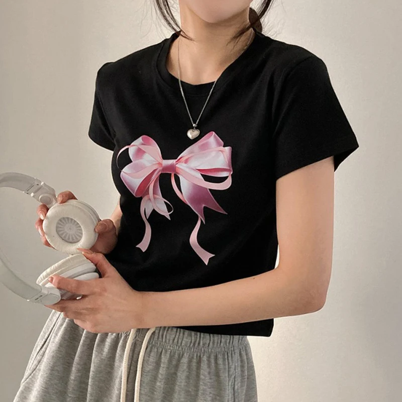 Y2k Clothes Cute Bow Print Fairy Graphic Crop Top Aesthetic Short Sleeve Goth Harajuk Kawaii T-shirt Summer Baby Tees Streetwear