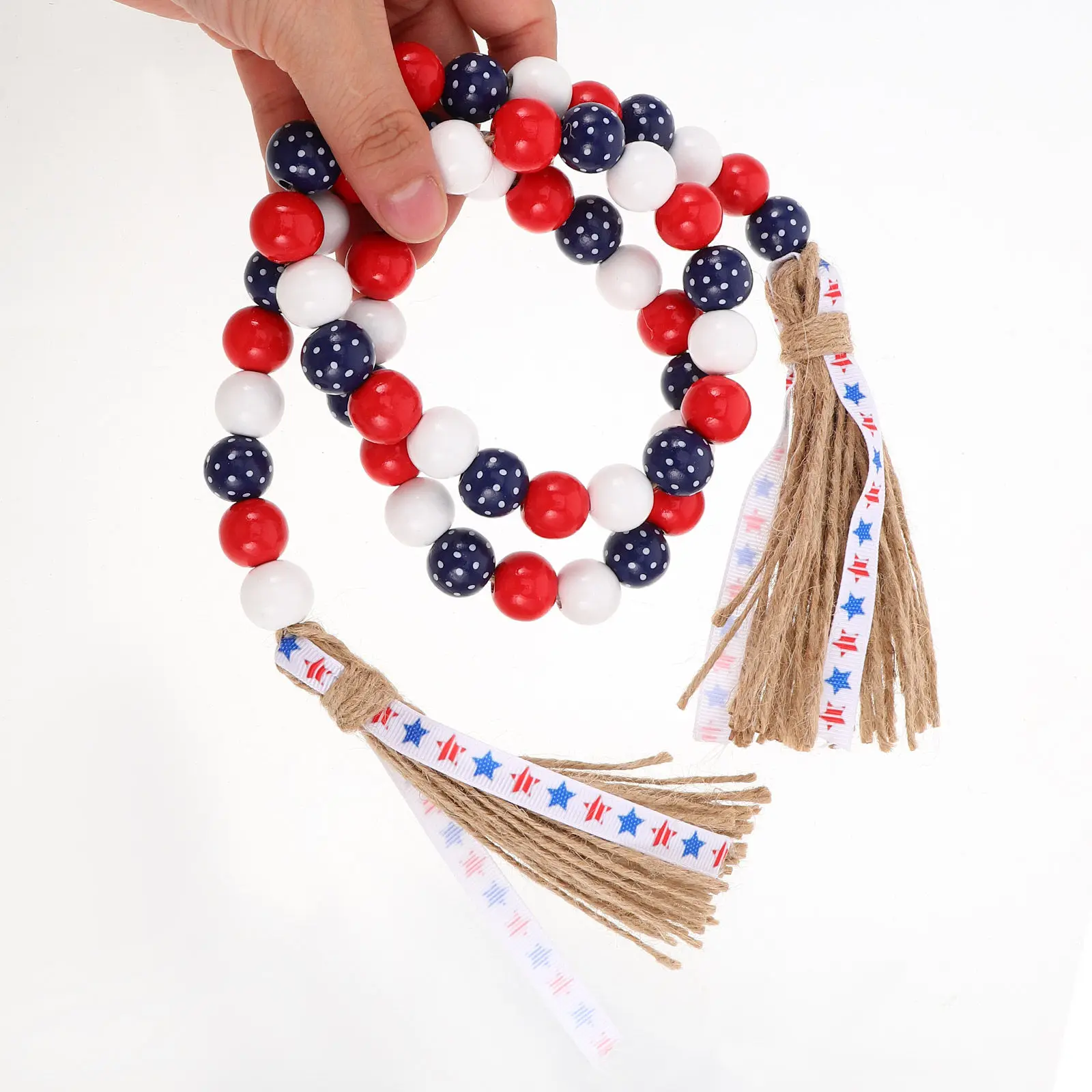 

Patriotic Wood Bead Garland Rustic Farmhouse Decor Tassel Accents for Door Wall Tiered Tray Hanging Beaded Decor Independence