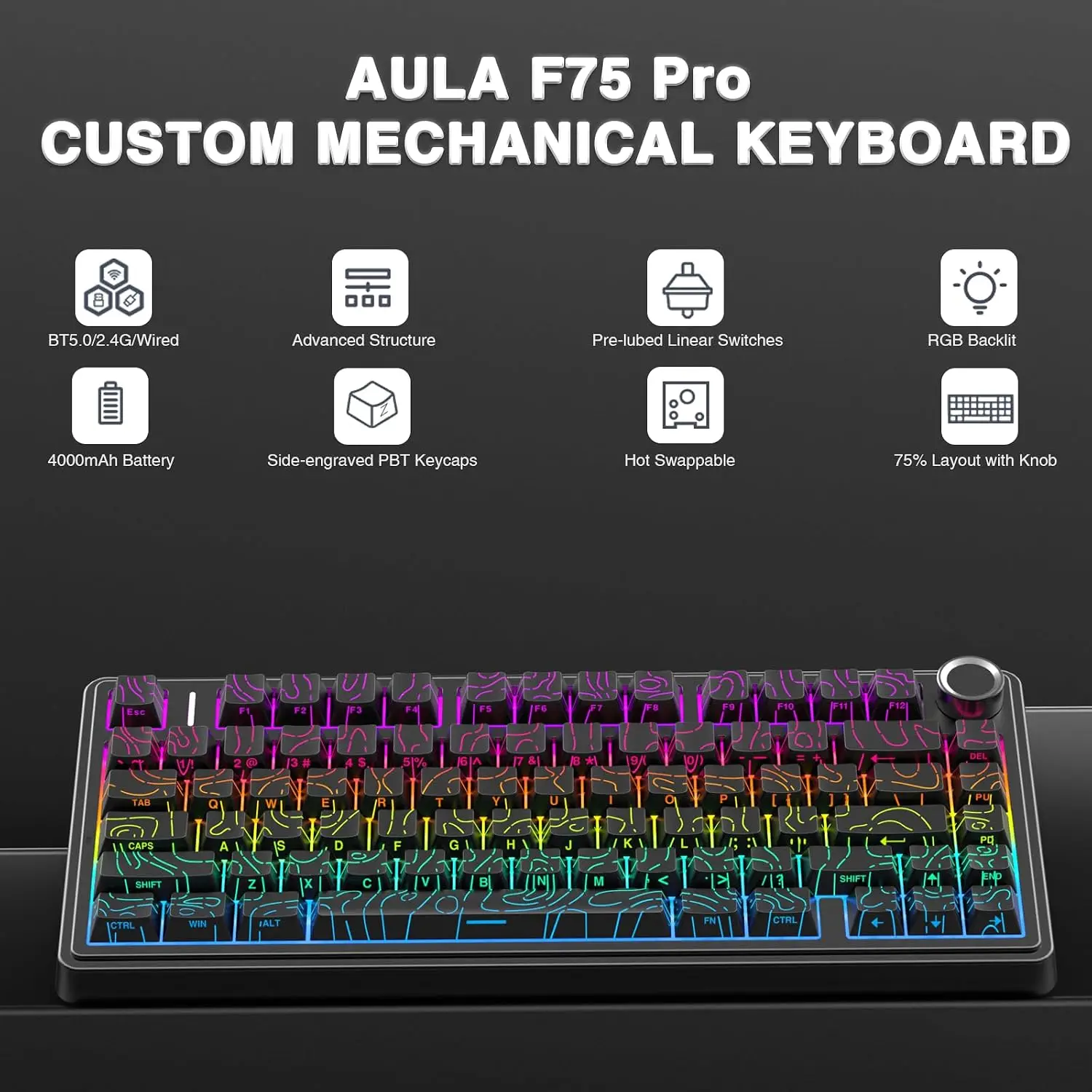 AULA F75 Wireless Mechanical Keyboard with Knob75% Hot Swappable Custom Gaming Keyboards RGB Backlit Keyboard for Gamer