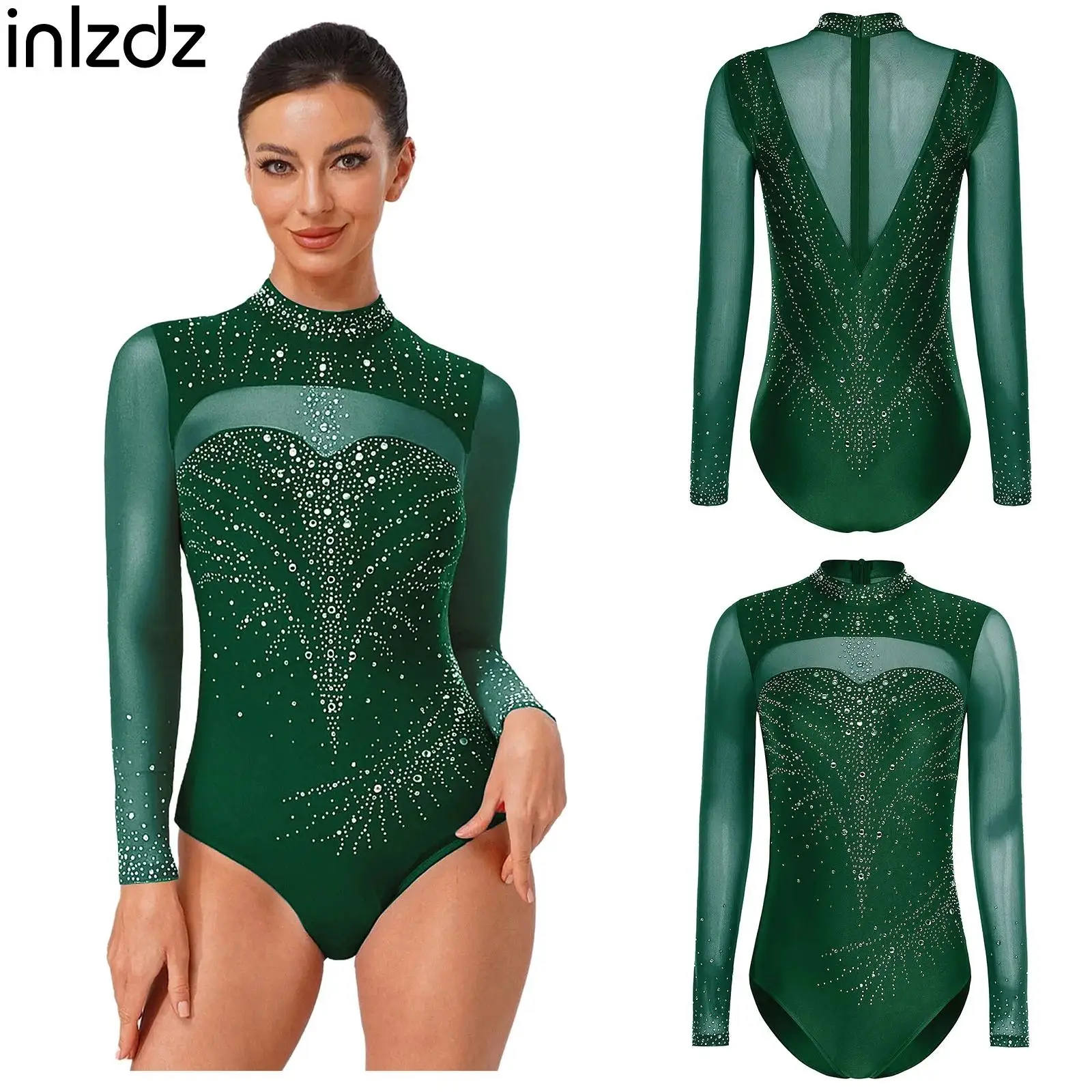 بذلة طويلة الأكمام للتزلج على الجليد للنساء ذات ياقة مدورة وهمية وحجر الراين يوتار لرقص الباليه مجموعة أداء الجمباز الفني