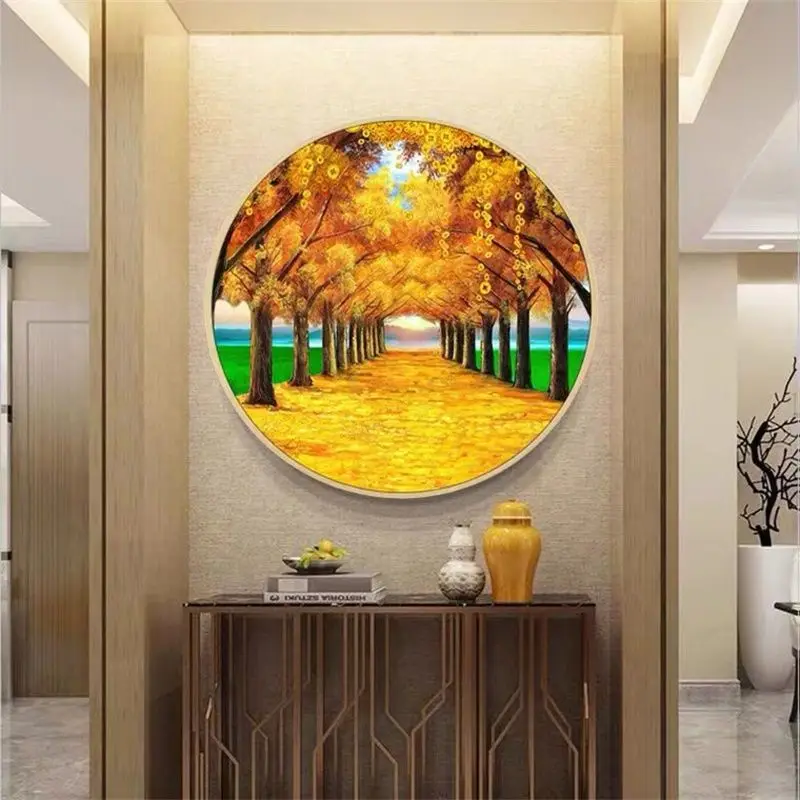 

Handmade cross stitch finished product with golden plants all over the ground, new round decoration for living room, bedroom,