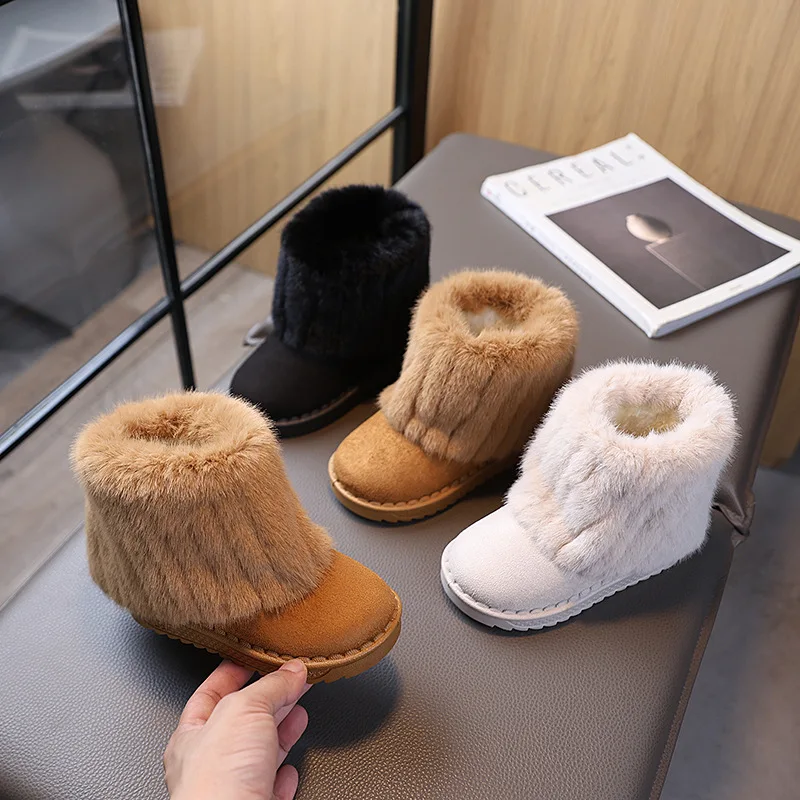 2026 Winter Classic Children Furry Snow Boots Beige Outdoor Girls Fashion Ankle Cotton Boots Warm Soft Kids Causal Ankle Boots