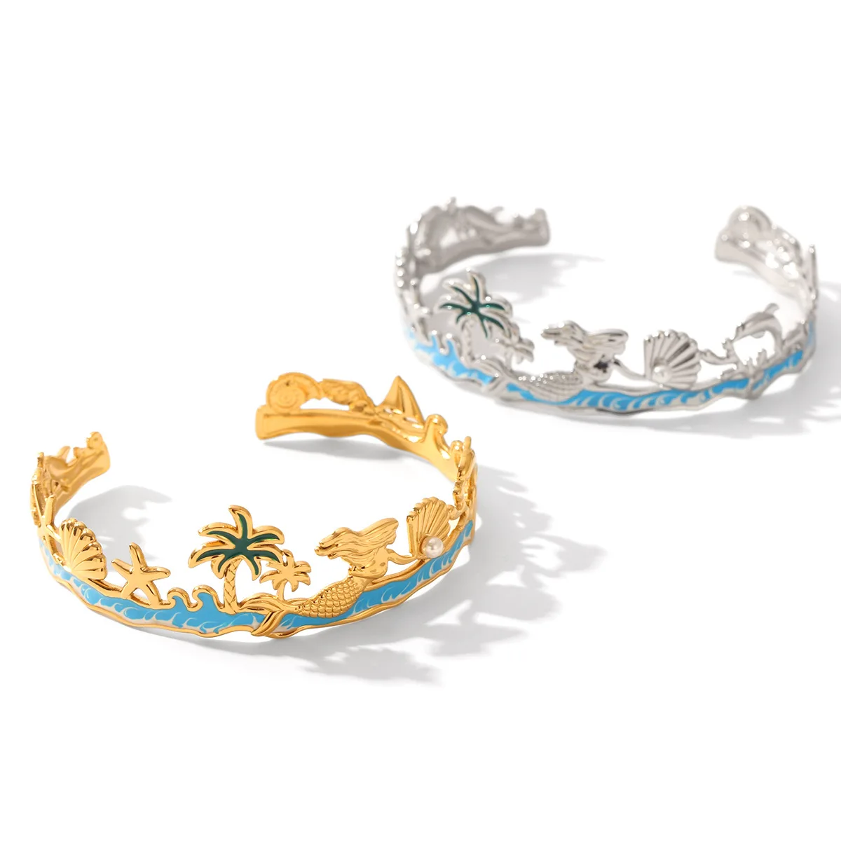 Summer Western beach vacation style coconut tree marine life stainless steel oil drop bangle, premium titanium steel bracelet
