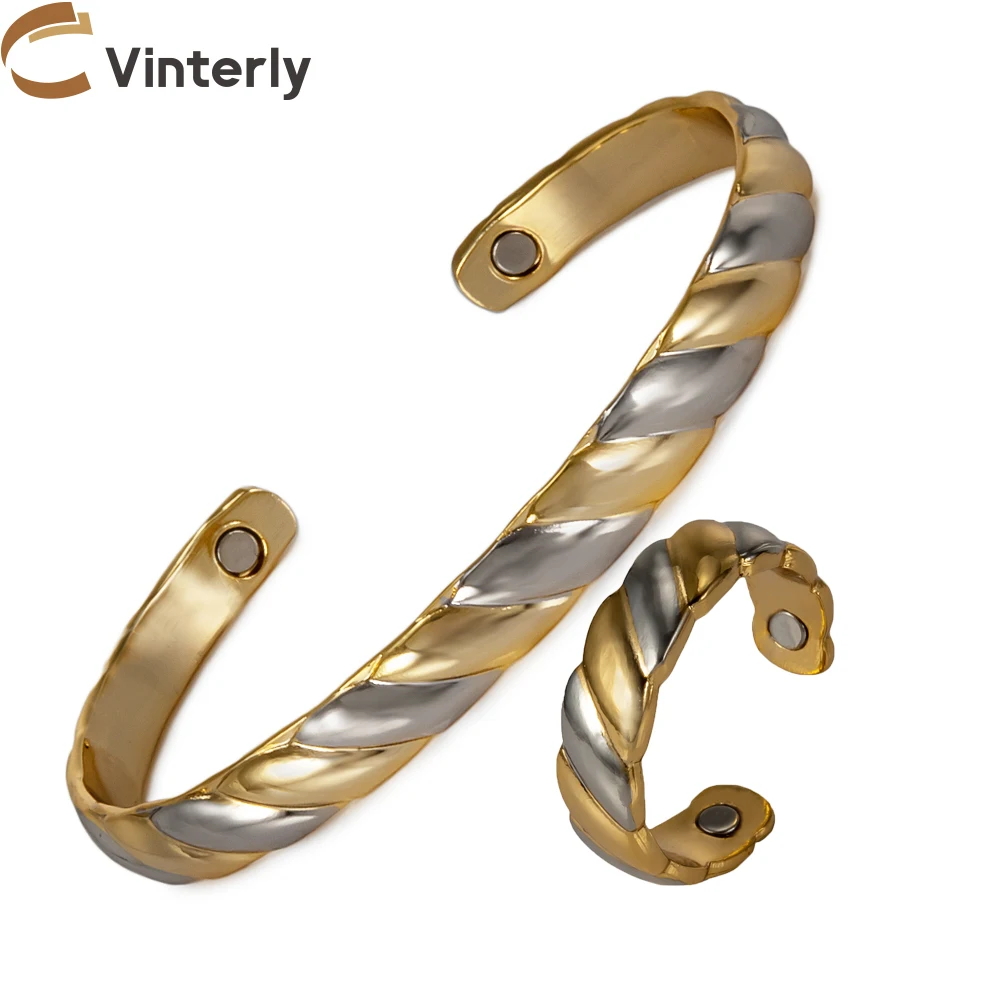 Vinterly Magnetic Pure Copper Jewelry-Set Solid Copper Adjustable Bracelet Ring Resizable Health Jewelry Set for Women Men